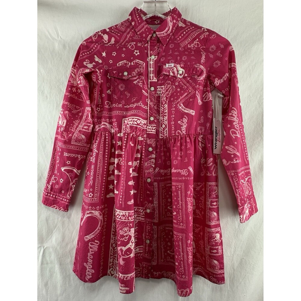 Wrangler x Barbie NWT Girls Large Western Cowgirl Rodeo Snap Pink Shirt Dress L